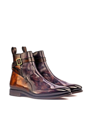 Ambrogio Aubergine & Tobacco Patina Leather Atticus Double Buckle Boots (AMB1551)-AmbrogioShoes