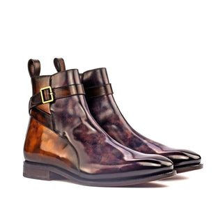 Ambrogio Aubergine & Tobacco Patina Leather Atticus Double Buckle Boots (AMB1551)-AmbrogioShoes
