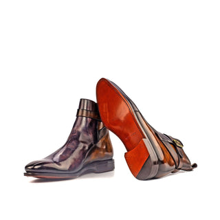 Ambrogio Bespoke Aubergine & Tobacco Patina Leather Atticus Double Buckle Boots (AMB1551)