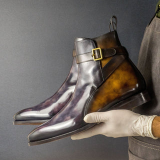Ambrogio Bespoke Aubergine & Tobacco Patina Leather Atticus Double Buckle Boots (AMB1551)