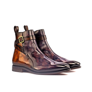 Ambrogio Bespoke Aubergine & Tobacco Patina Leather Atticus Double Buckle Boots (AMB1551)