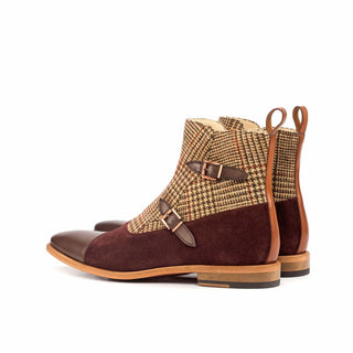 Ambrogio Bespoke Beige, Brown & Burgundy Fabric / Suede / Leather Buckle Boots (AMB1834)