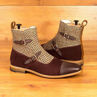 Ambrogio Bespoke Beige, Brown & Burgundy Fabric / Suede / Leather Buckle Boots (AMB1834)