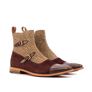 Ambrogio Bespoke Beige, Brown & Burgundy Fabric / Suede / Leather Buckle Boots (AMB1834)