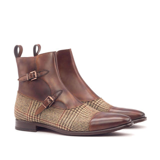 Ambrogio Bespoke Beige & Brown Fabric / Leather Atticus Double Buckle Boots (AMB1582)