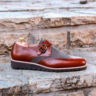 Ambrogio Bespoke Beige & Brown Fabric Leather Monk Strap (AMB1684)