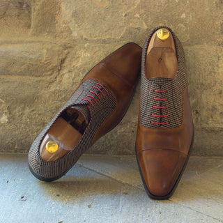Ambrogio Bespoke Beige & Cognac Fabric / Leather Oxfords (AMB1722)