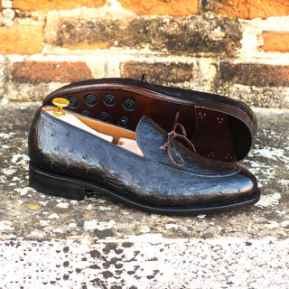 Ambrogio Bespoke Black & Brown Ostrich / Pebble Grain / Leather Loafers (AMB1839)