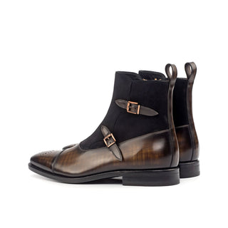Ambrogio Bespoke Black & Brown Suede/ Patina Leather Buckle Boots (AMB1823)
