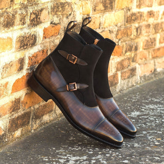 Ambrogio Bespoke Black & Brown Suede/ Patina Leather Buckle Boots (AMB1823)