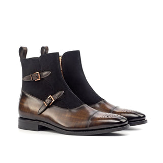 Ambrogio Bespoke Black & Brown Suede/ Patina Leather Buckle Boots (AMB1823)