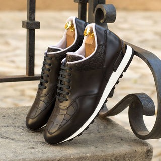 Ambrogio Bespoke Black Crocodile Embossed / Polished Leather Jogger Sneakers (AMB1737)