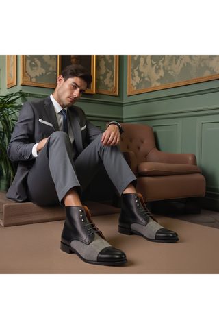 Ambrogio Bespoke Black & Gray Fabric / Leather Jumper Boots (AMB2501)-AmbrogioShoes