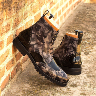 Ambrogio Bespoke Black & Gray Patent / Patina Leather Military Brogue Boots (AMB1502)
