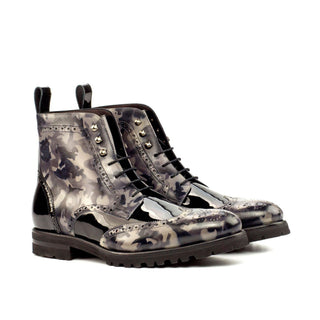 Ambrogio Bespoke Black & Gray Patent / Patina Leather Military Brogue Boots (AMB1502)