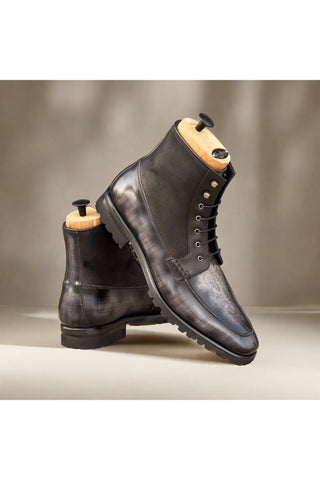 Ambrogio Bespoke Black & Gray Patina / Leather Moccasin Boots (AMB2445)-AmbrogioShoes