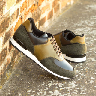 Ambrogio Bespoke Black & Olive Fabric / Polished / Leather Jogger Sneakers (AMB1855)