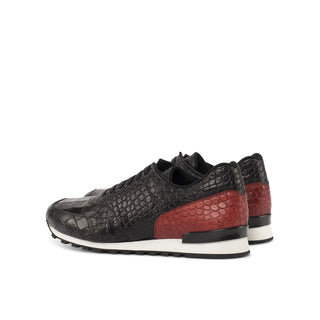 Ambrogio Bespoke Black & Red Crocodile Embossed / Leather Jogger Casual Sneakers (AMB1693)