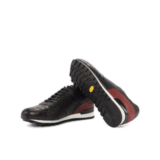 Ambrogio Bespoke Black & Red Crocodile Embossed / Leather Jogger Casual Sneakers (AMB1693)