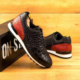 Ambrogio Bespoke Black & Red Crocodile Embossed / Leather Jogger Casual Sneakers (AMB1693)