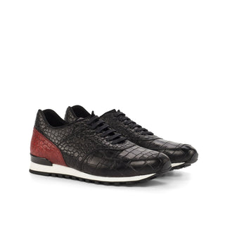 Ambrogio Bespoke Black & Red Crocodile Embossed / Leather Jogger Casual Sneakers (AMB1693)
