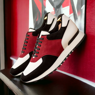 Ambrogio Bespoke Black, Red, and White Suede / Leather Jogger Sneakers (AMB2467)