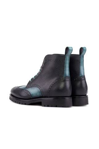 Ambrogio Bespoke Black & Turquoise Full Grain / Patina Leather Military Wingtip Boots (AMB2504)-AmbrogioShoes