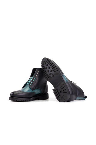 Ambrogio Bespoke Black & Turquoise Full Grain / Patina Leather Military Wingtip Boots (AMB2504)-AmbrogioShoes