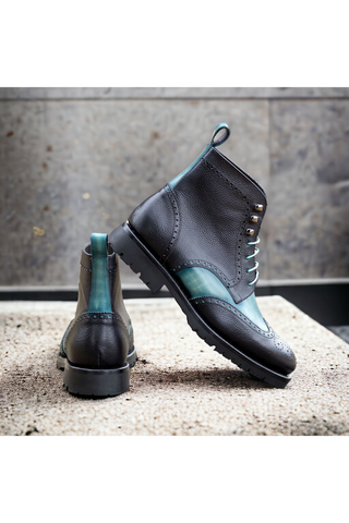 Ambrogio Bespoke Black & Turquoise Full Grain / Patina Leather Military Wingtip Boots (AMB2504)-AmbrogioShoes