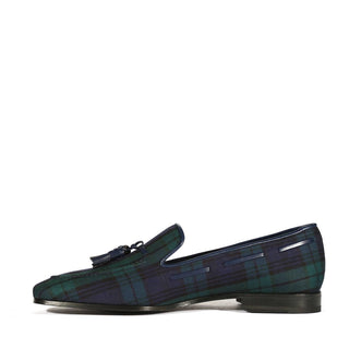 Ambrogio Bespoke Blue & Green Blackwatch Sartorial Fabric Drake Tassels Loafers (AMB1727)