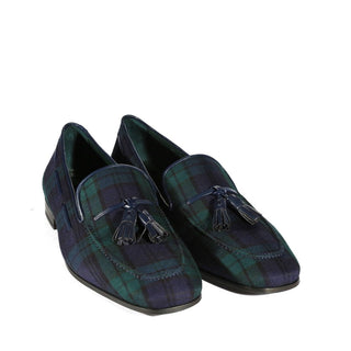 Ambrogio Bespoke Blue & Green Blackwatch Sartorial Fabric Drake Tassels Loafers (AMB1727)