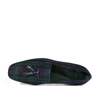 Ambrogio Bespoke Blue & Green Blackwatch Sartorial Fabric Drake Tassels Loafers (AMB1727)