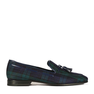 Ambrogio Bespoke Blue & Green Blackwatch Sartorial Fabric Drake Tassels Loafers (AMB1727)