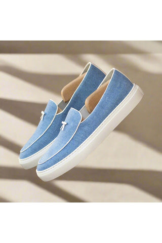 Ambrogio Bespoke Blue Linen Fabric Slip-On Belgian Sneakers (AMB2551)-AmbrogioShoes