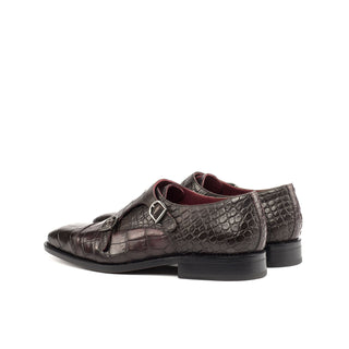 Ambrogio Bespoke Brown & Burgundy Crocodile Embossed / Leather Monk-Straps Loafers (AMB1698)