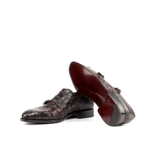 Ambrogio Bespoke Brown & Burgundy Crocodile Embossed / Leather Monk-Straps Loafers (AMB1698)
