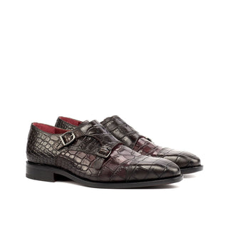 Ambrogio Bespoke Brown & Burgundy Crocodile Embossed / Leather Monk-Straps Loafers (AMB1698)