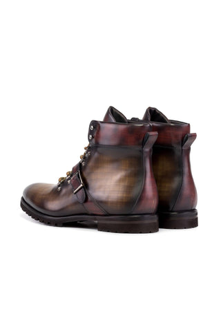 Ambrogio Bespoke Brown & Burgundy Patina Leather Hiking Boots (AMB2492)-AmbrogioShoes