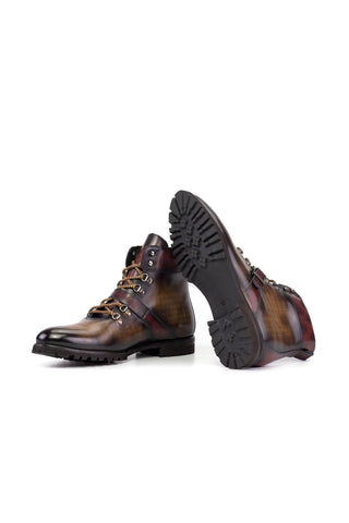 Ambrogio Bespoke Brown & Burgundy Patina Leather Hiking Boots (AMB2492)-AmbrogioShoes