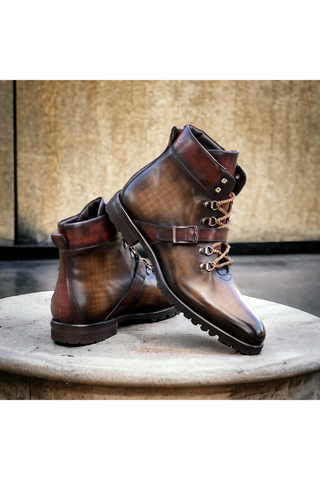 Ambrogio Bespoke Brown & Burgundy Patina Leather Hiking Boots (AMB2492)-AmbrogioShoes