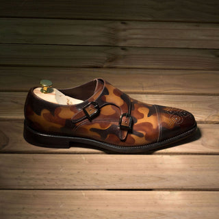 Ambrogio Bespoke Brown Camo Patina Leather Monk-Straps Loafers (AMB1751)