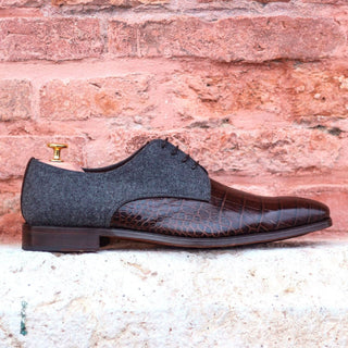 Ambrogio Bespoke Brown & Gray Fabric / Crocodile Embossed / Leather Derby Oxfords (AMB1697)