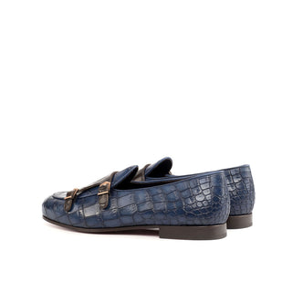 Ambrogio Bespoke Brown & Navy Crocodile Embossed / Leather Monk Slipper Loafers (AMB1696)
