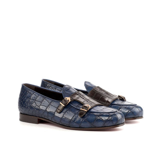 Ambrogio Bespoke Brown & Navy Crocodile Embossed / Leather Monk Slipper Loafers (AMB1696)