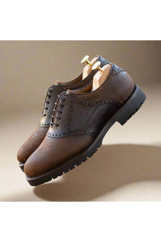 Ambrogio Bespoke Brown Waxed Suede / Pebble Grain Leather Saddle Oxfords (AMB2557)-AmbrogioShoes