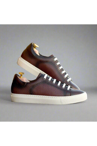Ambrogio Bespoke Burgundy Calf-Skin / Woven Leather Trainer Sneakers (AMB2484)-AmbrogioShoes