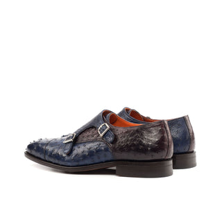 Ambrogio Bespoke Burgundy & Navy Ostrich-Skin Monk-Straps Loafers (AMB1535)