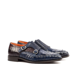 Ambrogio Bespoke Burgundy & Navy Ostrich-Skin Monk-Straps Loafers (AMB1535)
