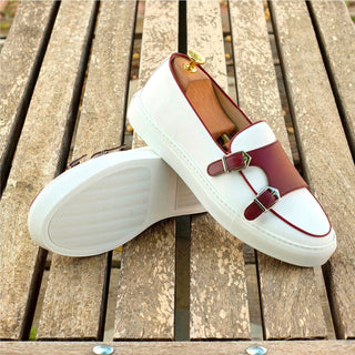 Ambrogio Bespoke Burgundy & White Leather Monk Sneakers (AMB1486)