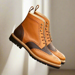 Ambrogio Bespoke Cognac & Brown Waxed Suede / Full Grain Leather Military Brogue Boots (AMB2548)